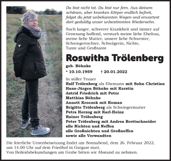 Traueranzeige von Roswitha Trölenberg von Märkische Oderzeitung