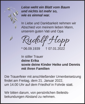 Traueranzeige von Rudolf Hopp von Märkische Oderzeitung