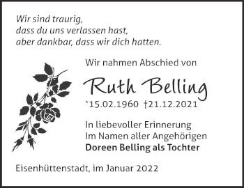 Traueranzeige von Ruth Belling von Märkische Oderzeitung