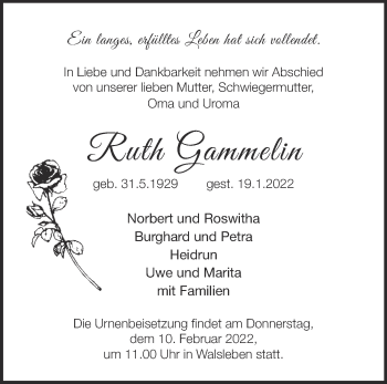 Traueranzeige von Ruth Gammelin von Märkische Oderzeitung