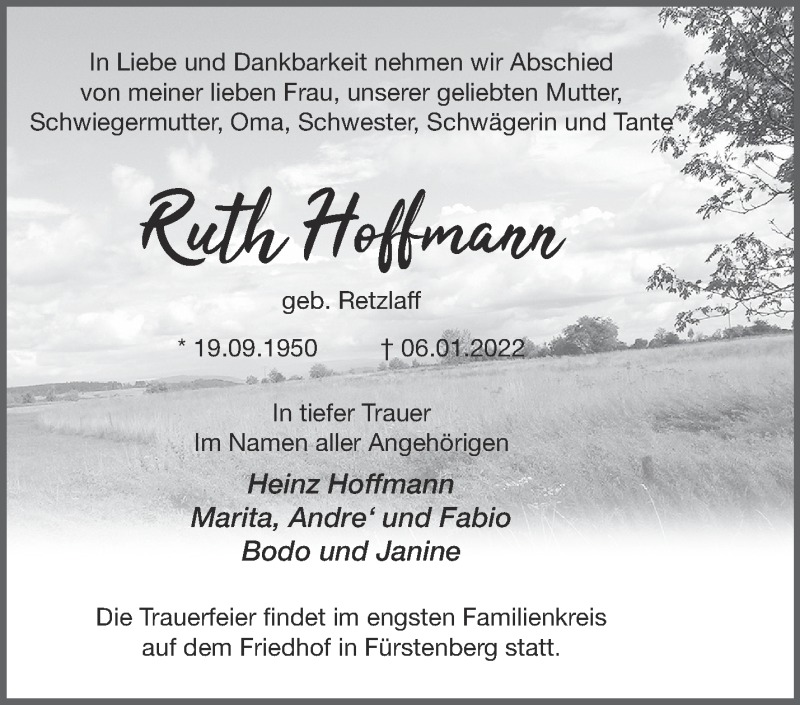  Traueranzeige für Ruth Hoffmann vom 12.01.2022 aus Märkische Oderzeitung