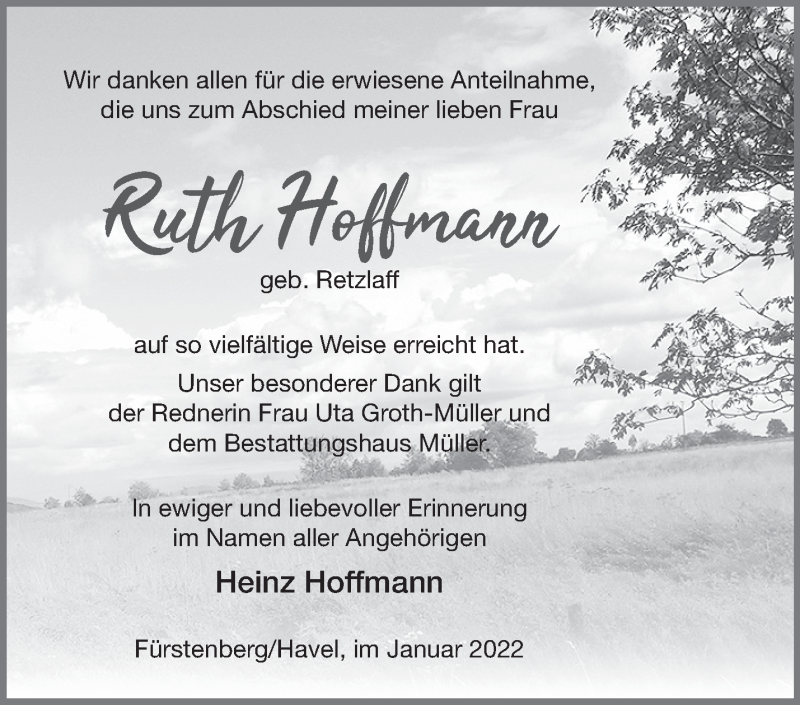  Traueranzeige für Ruth Hoffmann vom 27.01.2022 aus Märkische Oderzeitung