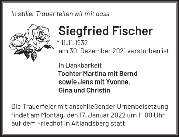 Traueranzeige von Siegfried Fischer von Märkische Oderzeitung