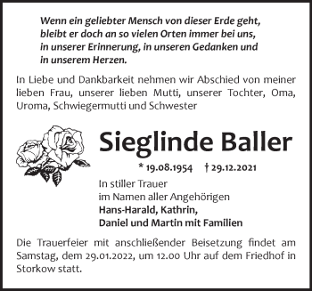 Traueranzeige von Sieglinde Baller von Märkische Oderzeitung