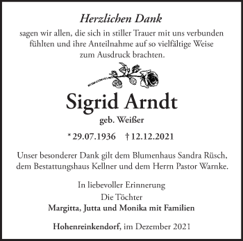 Traueranzeige von Sigrid Arndt von Märkische Oderzeitung