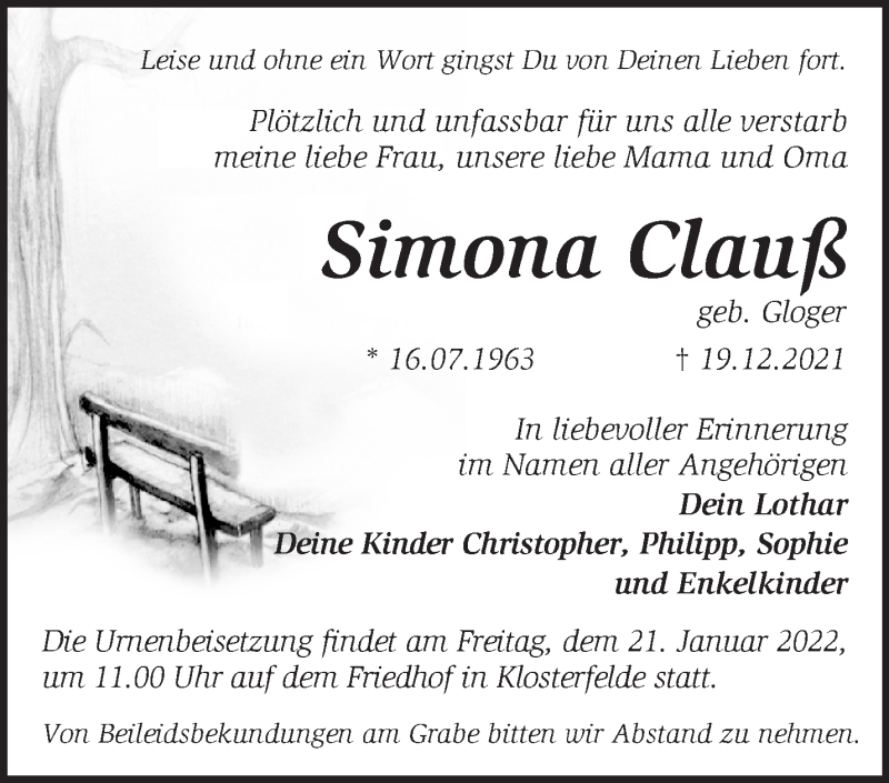  Traueranzeige für Simona Clauß vom 16.01.2022 aus Märkische Oderzeitung