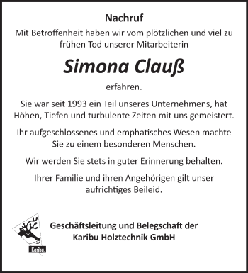 Traueranzeige von Simona Clauß von Märkische Oderzeitung