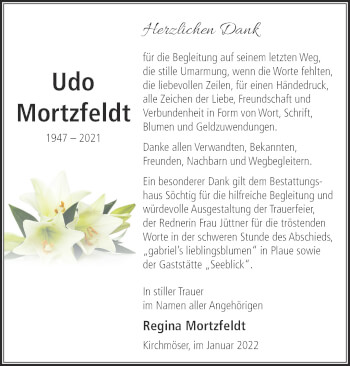 Traueranzeige von Udo Mortzfeldt von Märkische Oderzeitung