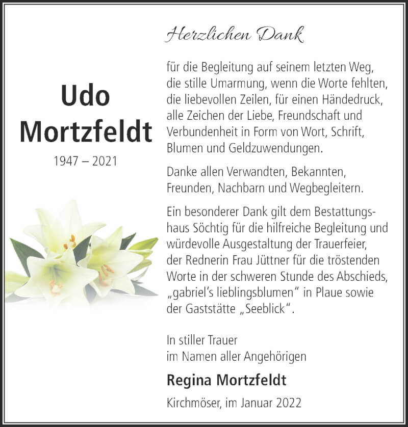  Traueranzeige für Udo Mortzfeldt vom 23.01.2022 aus Märkische Oderzeitung