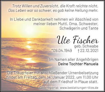 Traueranzeige von Ute Fischer von Märkische Oderzeitung