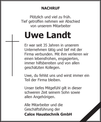 Traueranzeige von Uwe Landt von Märkische Oderzeitung