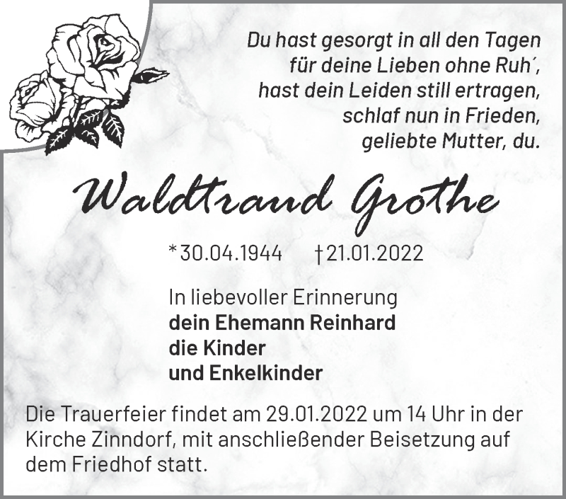  Traueranzeige für Waldtraud Grothe vom 26.01.2022 aus Märkische Oderzeitung