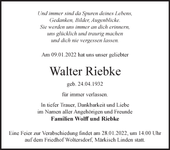 Traueranzeige von Walter Riebke von Märkische Oderzeitung