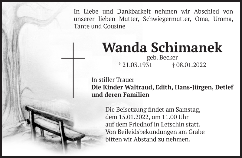  Traueranzeige für Wanda Schimanek vom 12.01.2022 aus Märkische Oderzeitung
