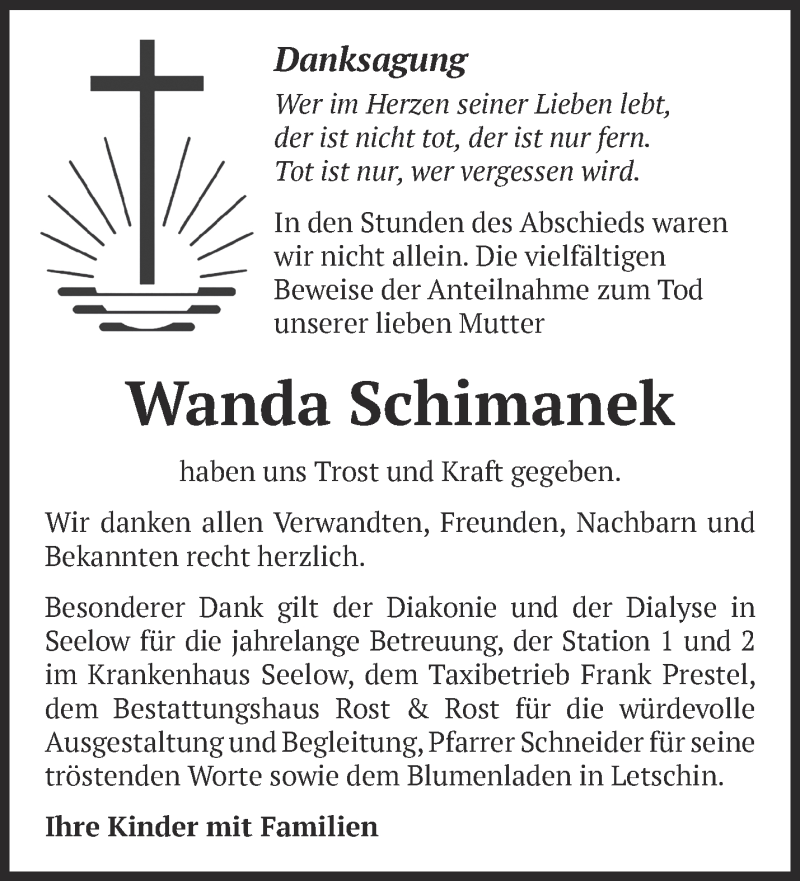 Traueranzeige für Wanda Schimanek vom 22.01.2022 aus Märkische Oderzeitung