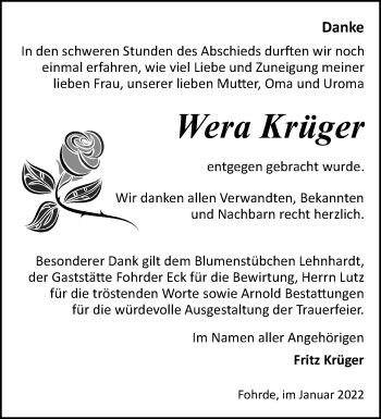 Traueranzeige von Wera Krüger von Märkische Oderzeitung