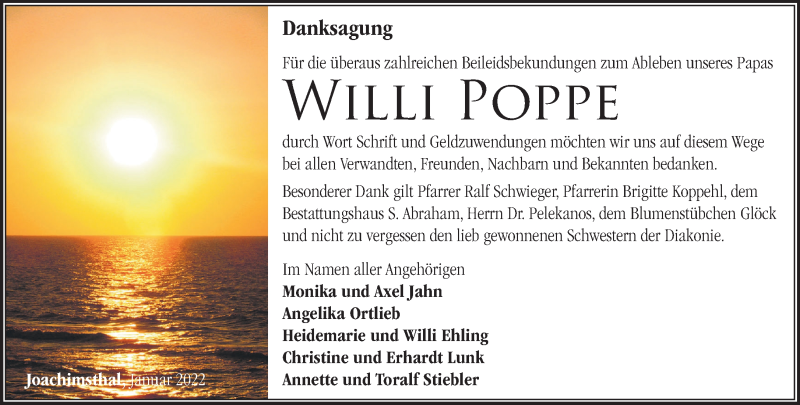  Traueranzeige für Willi Poppe vom 22.01.2022 aus Märkische Oderzeitung