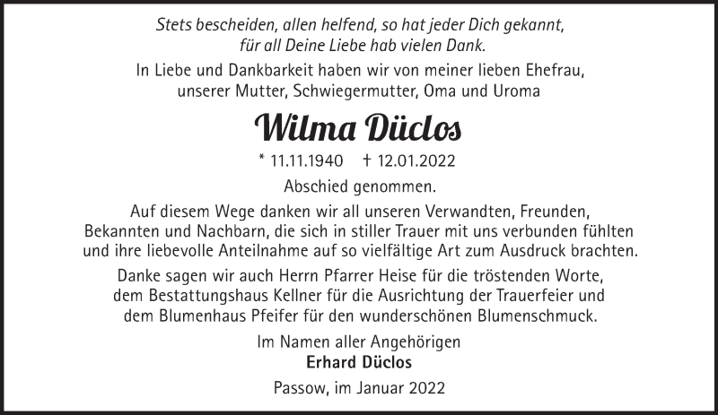  Traueranzeige für Wilma Düclos vom 29.01.2022 aus Märkische Oderzeitung