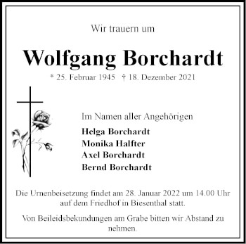 Traueranzeige von Wolfgang Borchardt von Märkische Oderzeitung