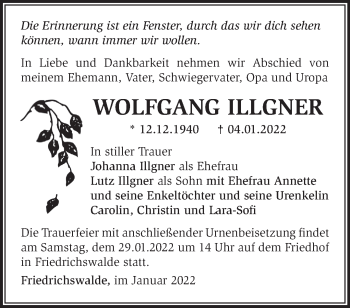 Traueranzeige von Wolfgang Illgner von Märkische Oderzeitung