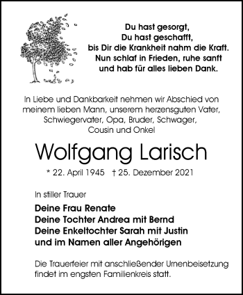 Traueranzeige von Wolfgang Larisch von Märkische Oderzeitung