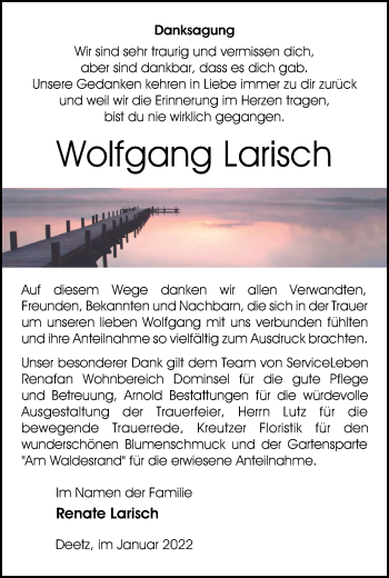 Traueranzeige von Wolfgang Larisch von Märkische Oderzeitung