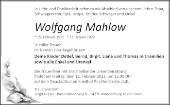 Traueranzeige von Wolfgang Mahlow von Märkische Oderzeitung