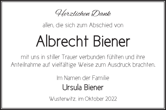 Traueranzeige von Albrecht Biener von Märkische Oderzeitung