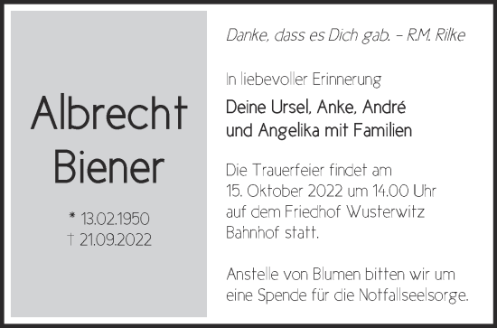 Traueranzeige von Albrecht Biener von Märkische Oderzeitung