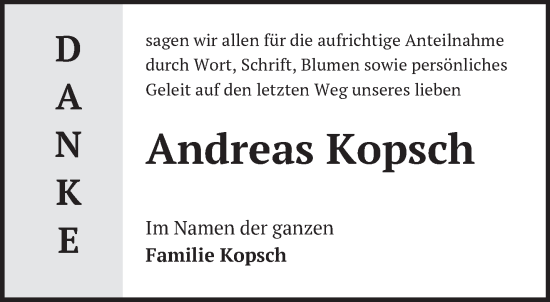 Traueranzeige von Andreas Kopsch von Märkische Oderzeitung