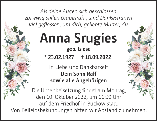 Traueranzeige von Anna Srugies von Märkische Oderzeitung