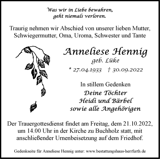 Traueranzeige von Anneliese Hennig von Märkische Oderzeitung