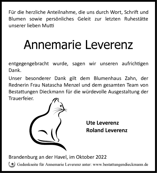 Traueranzeige von Annemarie Leverenz von Märkische Oderzeitung