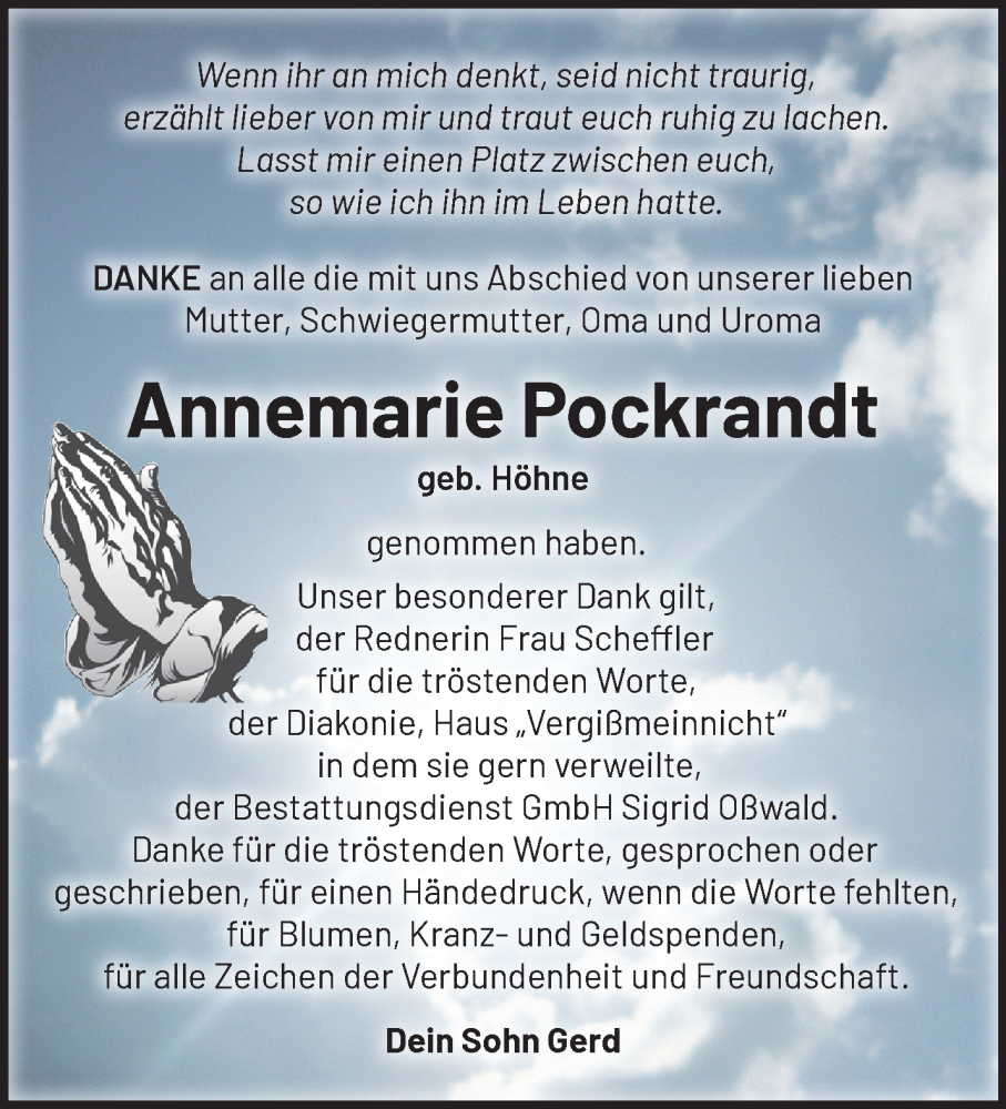  Traueranzeige für Annemarie Pockrandt vom 08.10.2022 aus Märkische Oderzeitung