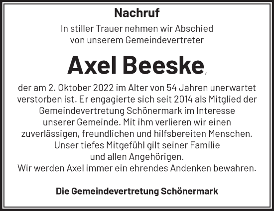 Traueranzeige von Axel Beeske von Märkische Oderzeitung