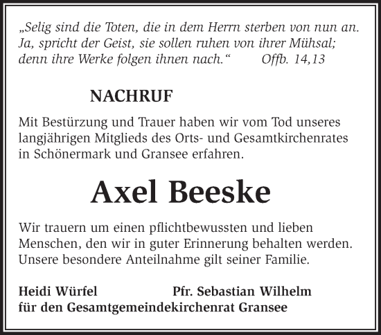 Traueranzeige von Axel Beeske von Märkische Oderzeitung