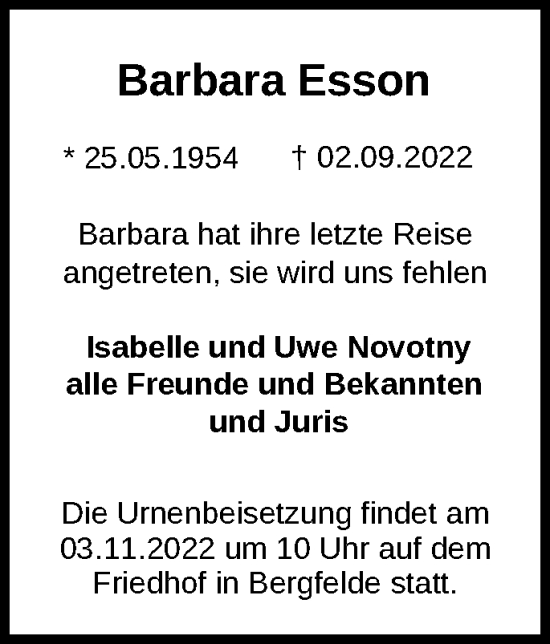 Traueranzeige von Barbara Esson von Märkische Oderzeitung