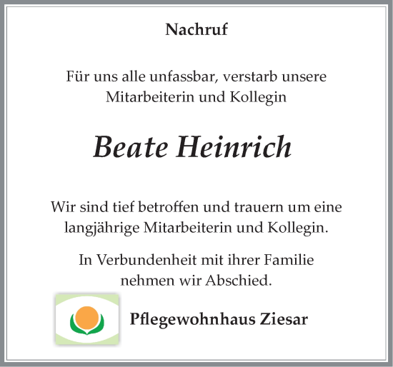 Traueranzeige von Beate Heinrich von Märkische Oderzeitung