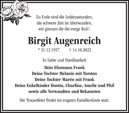 Traueranzeige von Birgit Augenreich von Märkische Oderzeitung