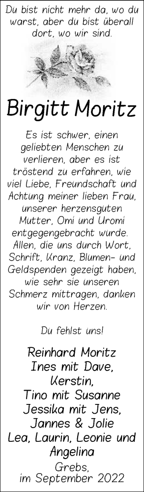 Traueranzeige von Birgitt Moritz von Märkische Oderzeitung