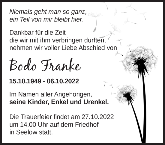 Traueranzeige von Bodo Franke von Märkische Oderzeitung