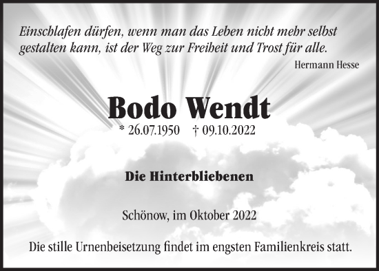 Traueranzeige von Bodo Wendt von Märkische Oderzeitung