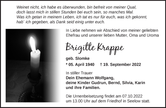 Traueranzeige von Brigitte Krappe von Märkische Oderzeitung