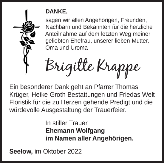 Traueranzeige von Brigitte Krappe von Märkische Oderzeitung