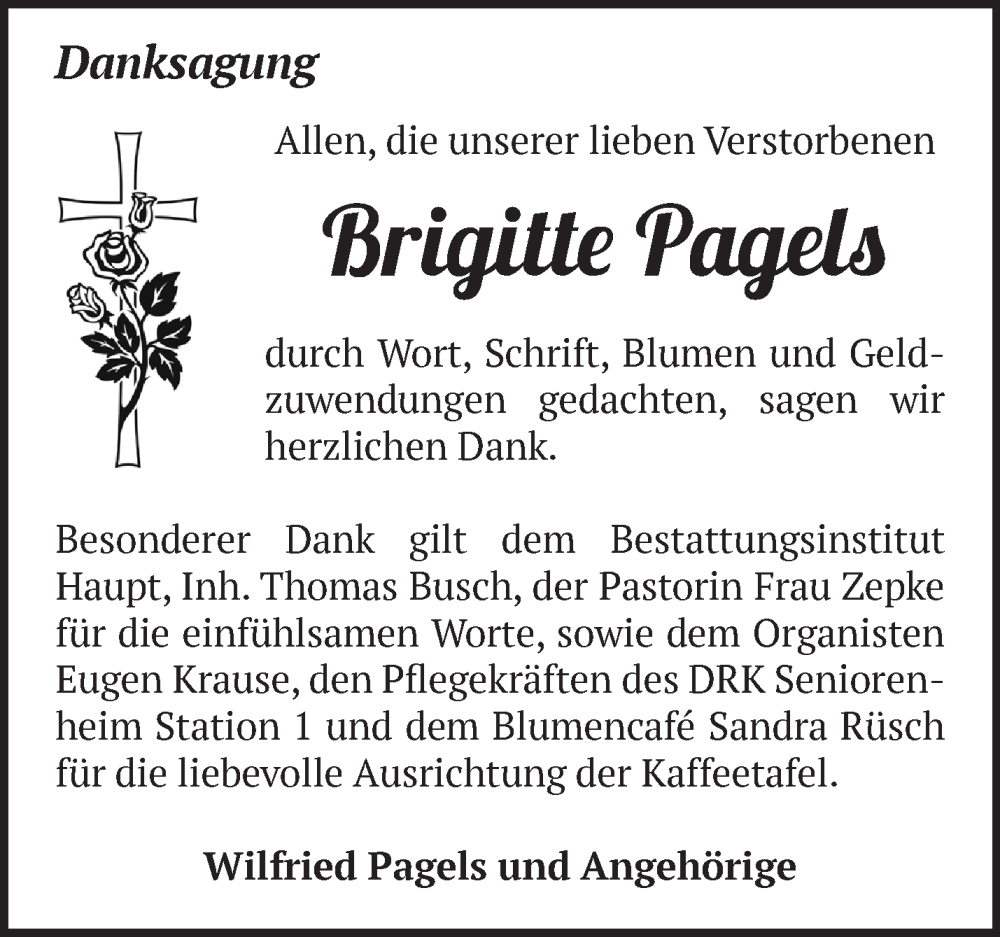  Traueranzeige für Brigitte Pagels vom 01.10.2022 aus Märkische Oderzeitung