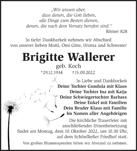 Traueranzeige von Brigitte Wallerer von Märkische Oderzeitung