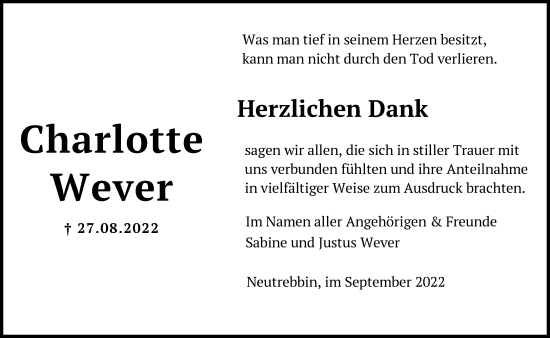 Traueranzeige von Charlotte Wever von Märkische Oderzeitung