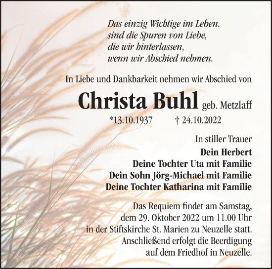 Traueranzeige von Christa Buhl von Märkische Oderzeitung