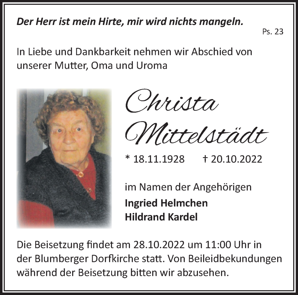 Traueranzeigen Von Christa Mittelstädt Märkische Onlinezeitung Trauerportal 