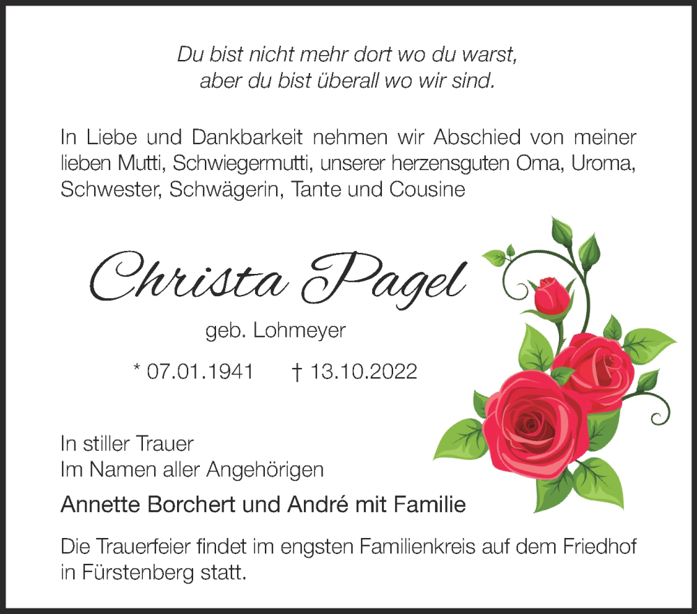 Traueranzeigen Von Christa Pagel Märkische Onlinezeitung Trauerportal 